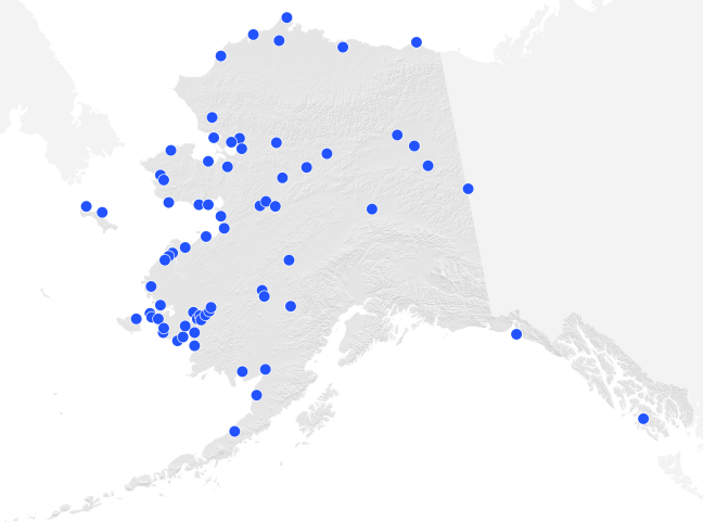 Map of Alaska with blue dot markers